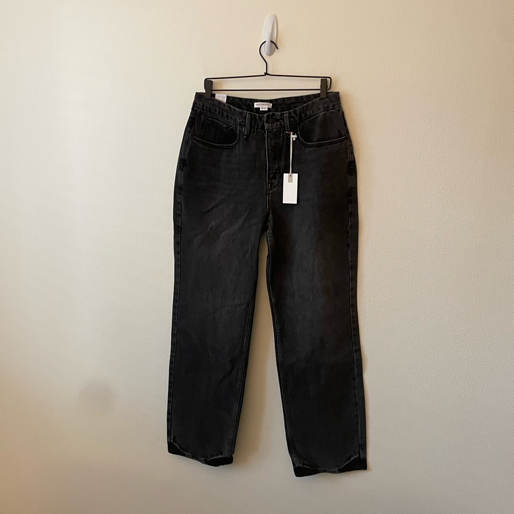 NWT Good American Black Cotton Denim Good '90s Boyfriend Straight Leg Jeans
